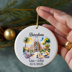 Barcelona souvenir ornament with Sagrada Familia, palm trees, and personalized text.