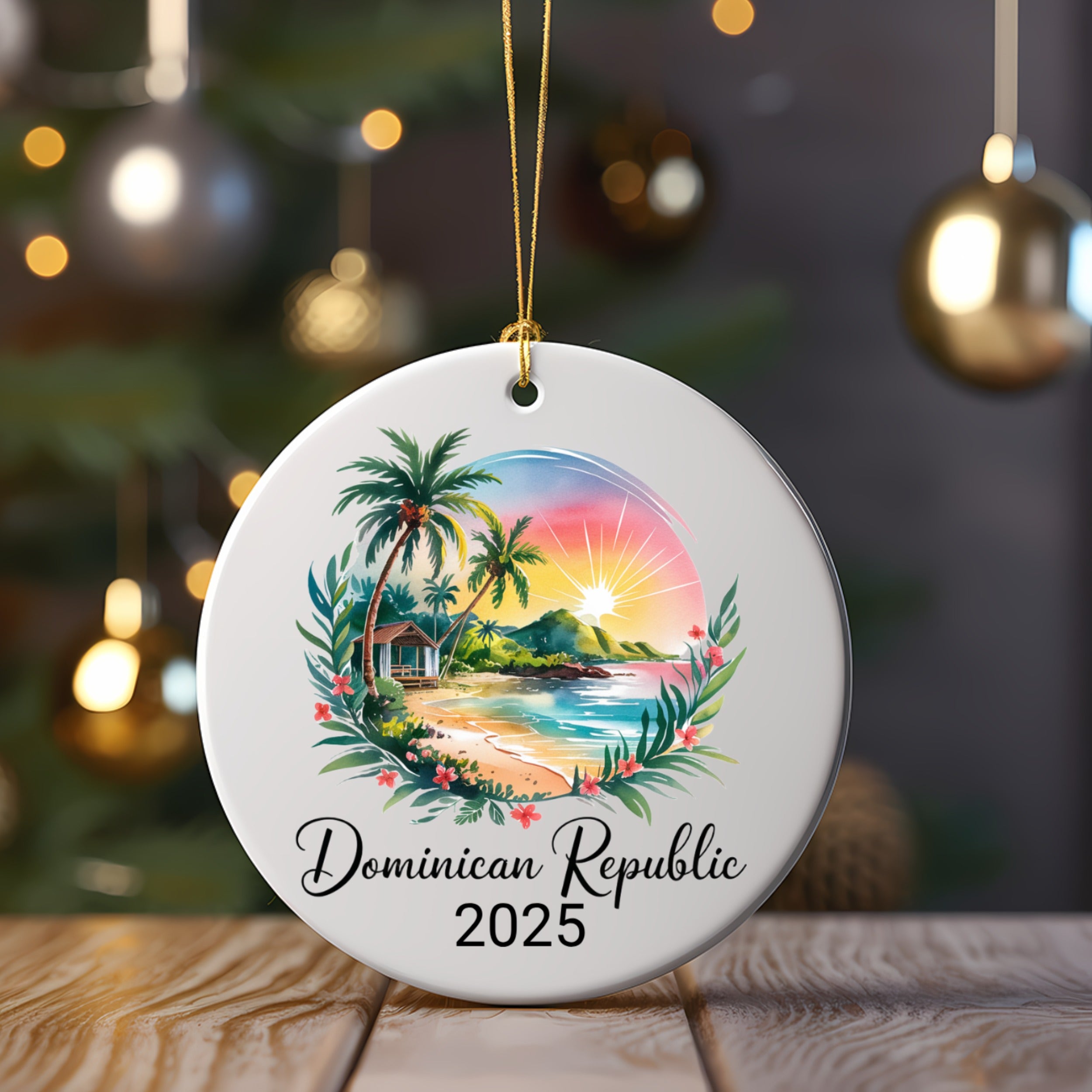 Round ornament with tropical beach scene and "Dominican Republic 2025" text.