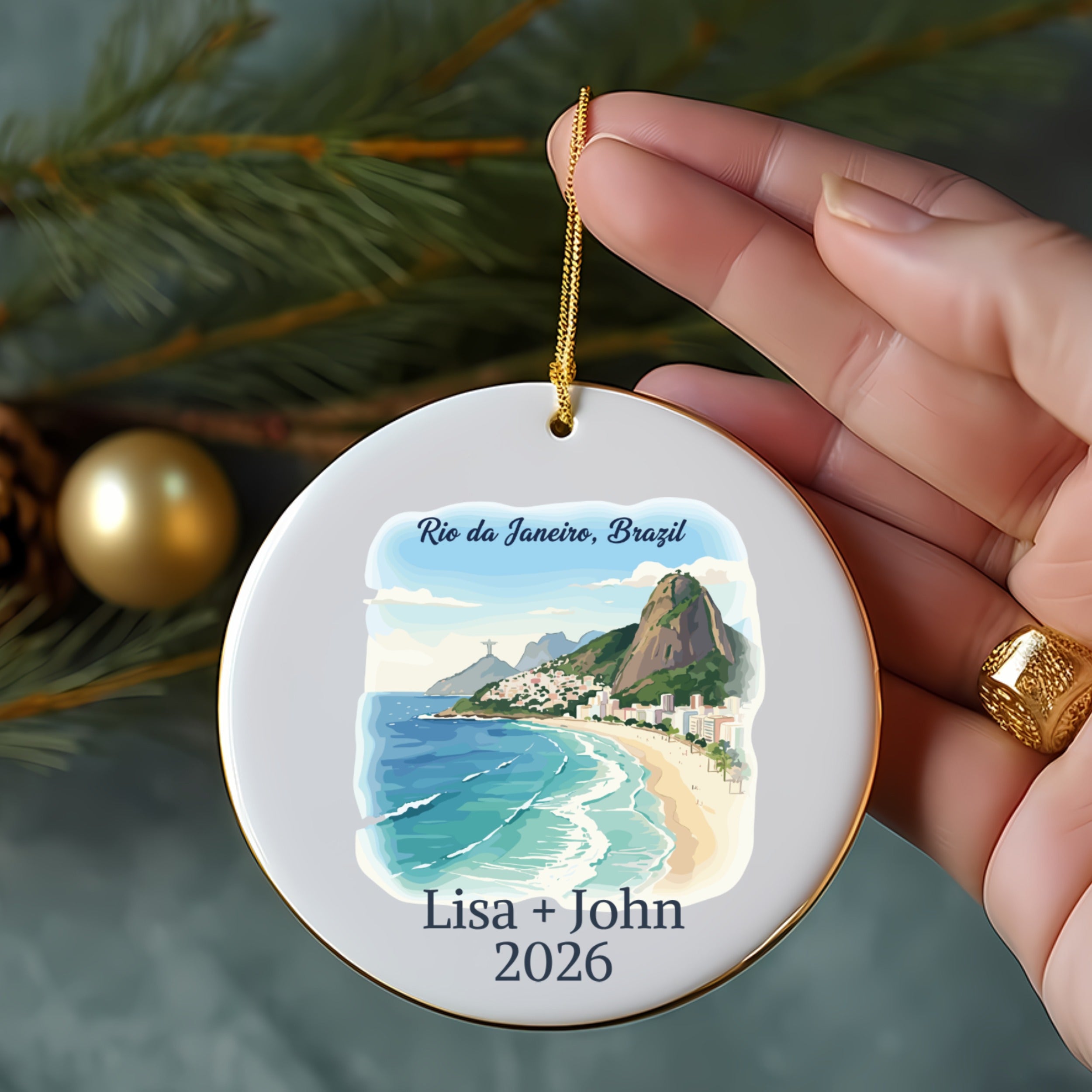 Rio de Janeiro, Brazil ornament with "Lisa + John 2026".