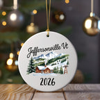 Jeffersonville VT 2026 ceramic ornament with snowy mountains and ski lift.
