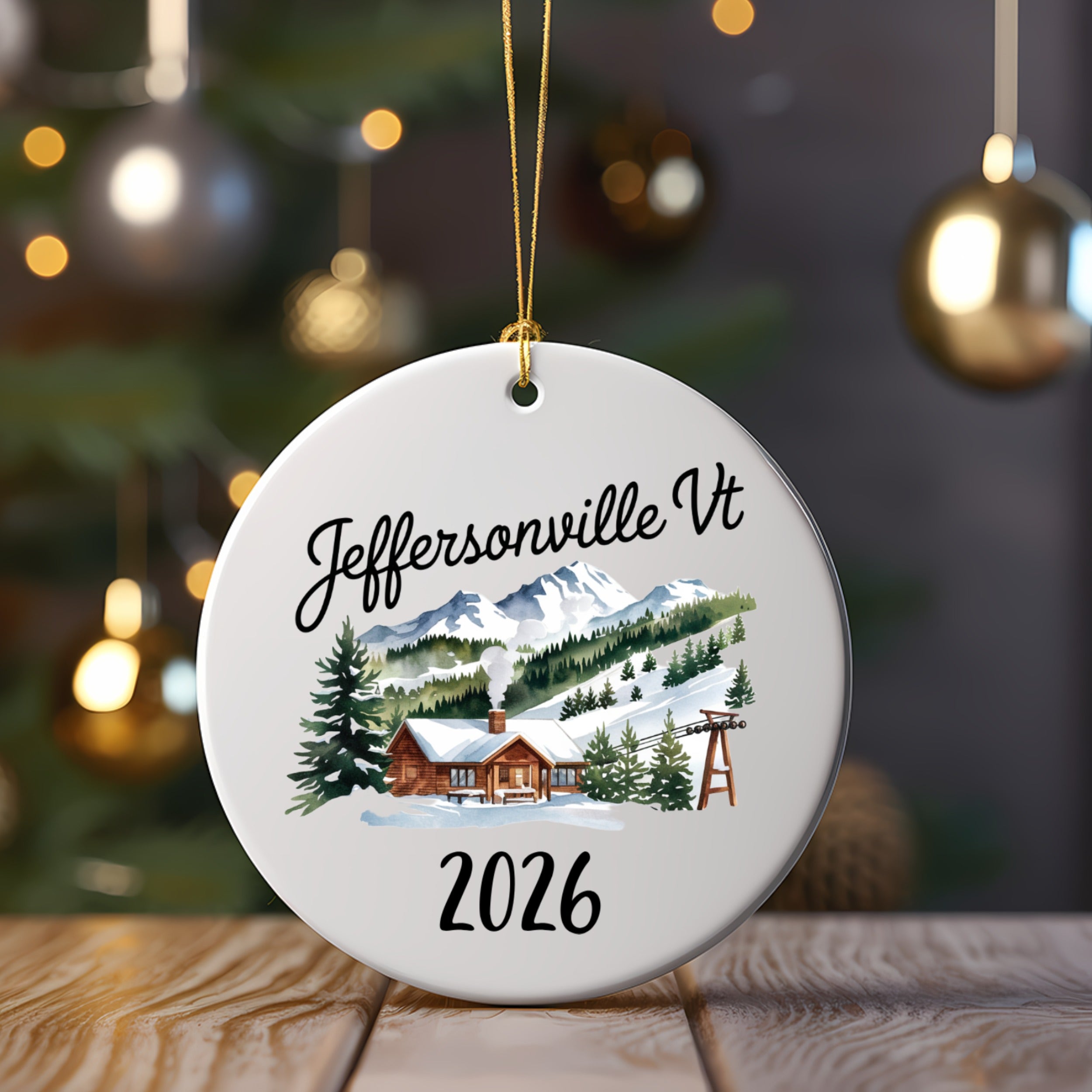 Jeffersonville VT 2026 ceramic ornament with snowy mountains and ski lift.