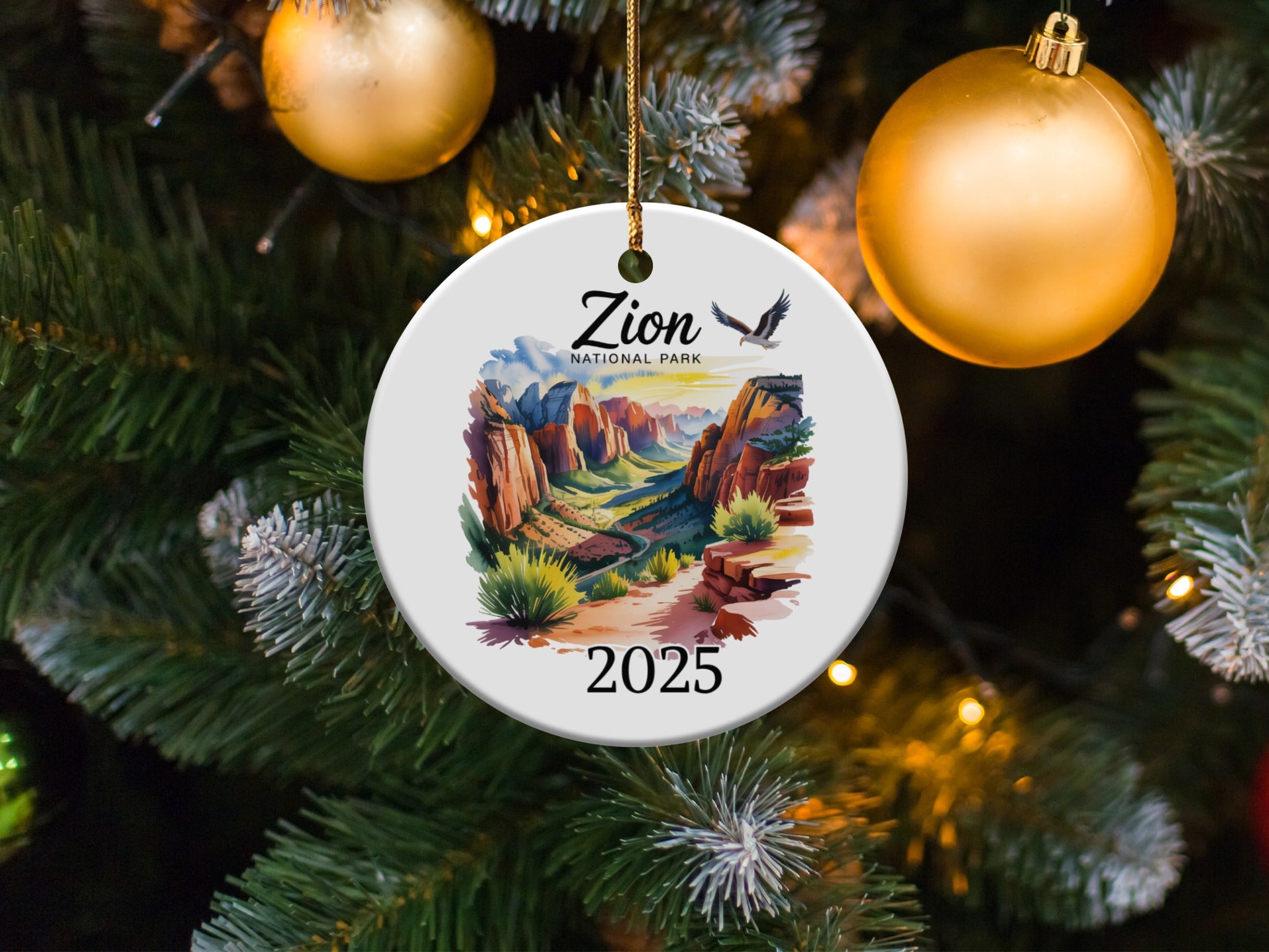 Zion National Park 2025 ornament featuring desert landscape with a soaring eagle.