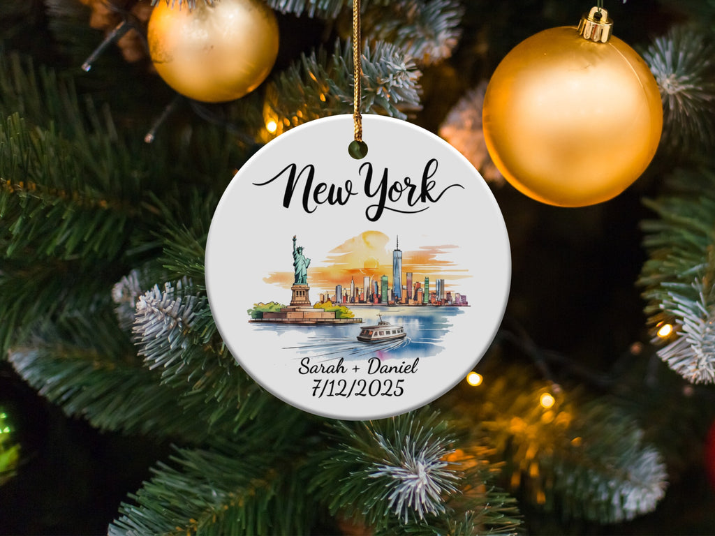 New York City skyline ornament with custom names and date.