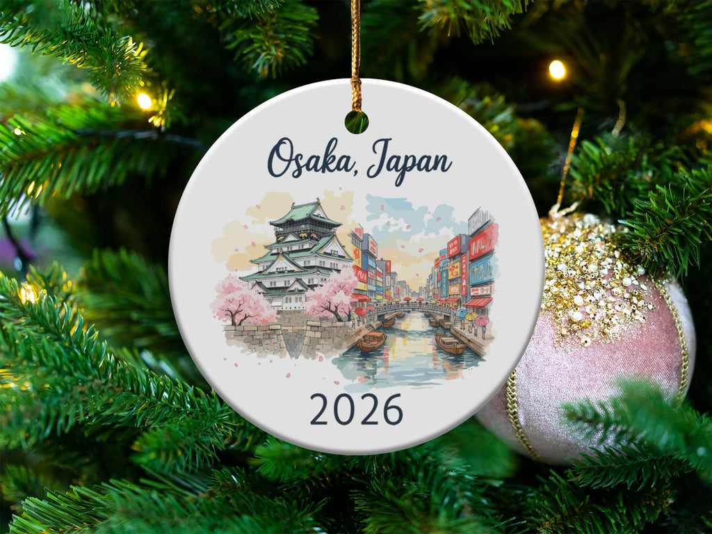 Round ornament with Osaka, Japan illustration and the year 2026.