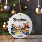 Circular ornament with "Barcelona, Spain" and "2025" above a colorful market scene.