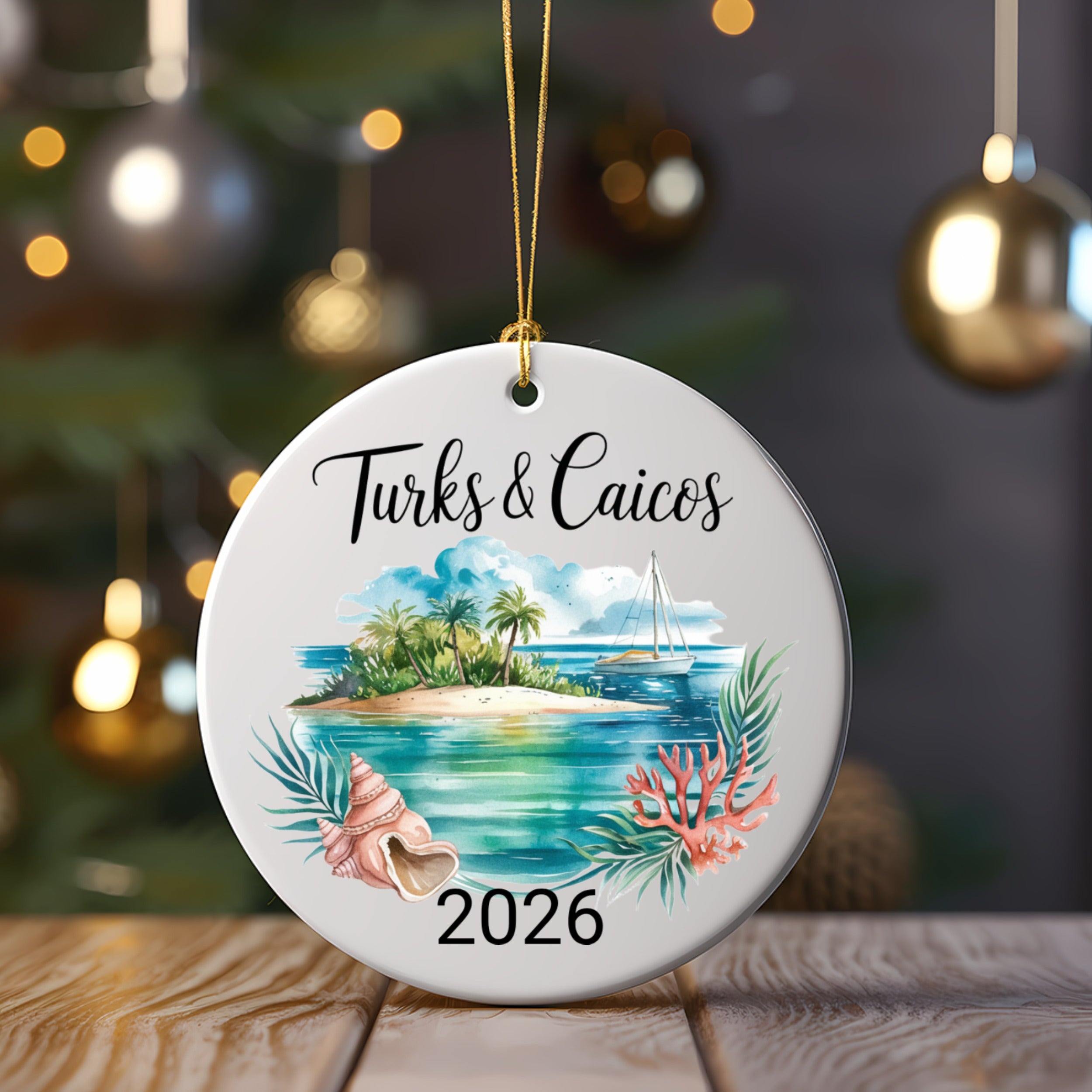 Turks and Caicos 2026 ornament with seashell and coral.