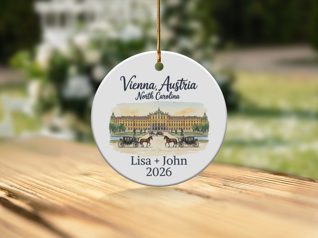 Vienna, Austria North Carolina ornament with horse-drawn carriages and names Lisa + John 2026.