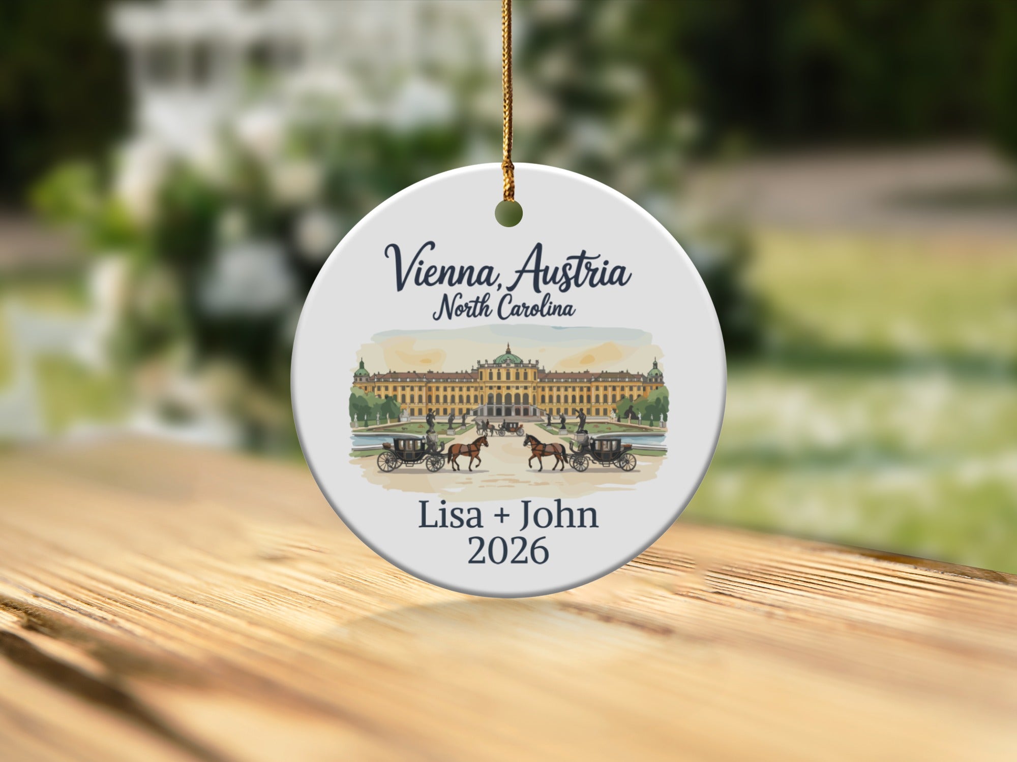 Vienna, Austria North Carolina ornament with horse-drawn carriages and names Lisa + John 2026.