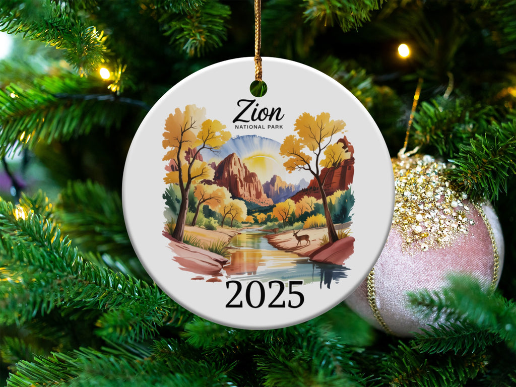 Round ceramic ornament with Zion National Park landscape and year 2025.