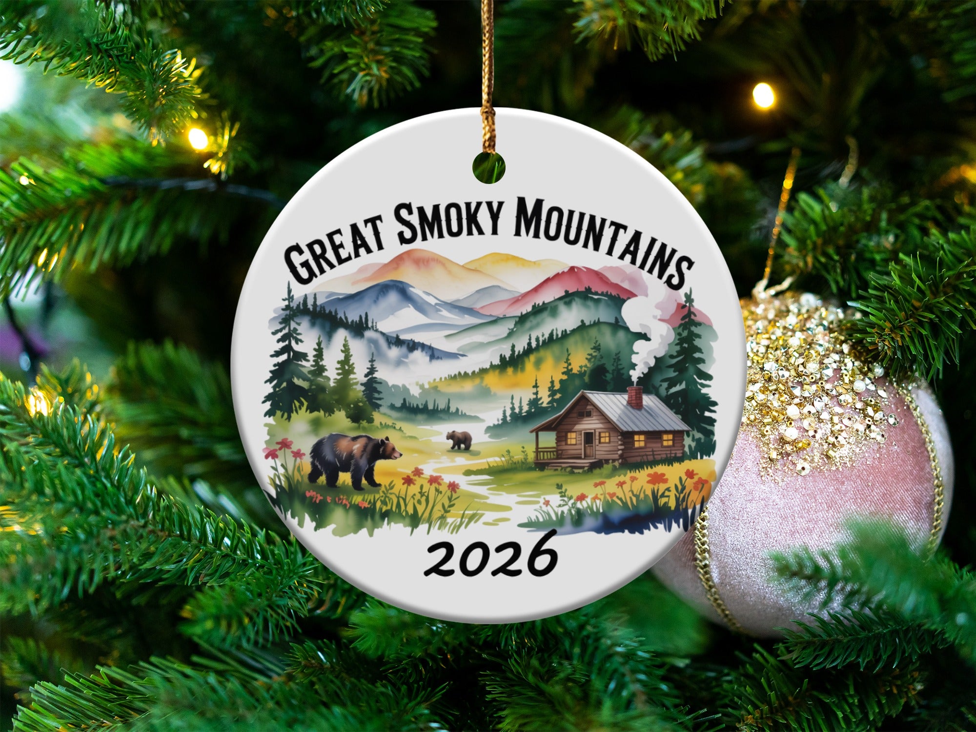 Great Smoky Mountains 2026 ceramic ornament with a log cabin and bear scene.