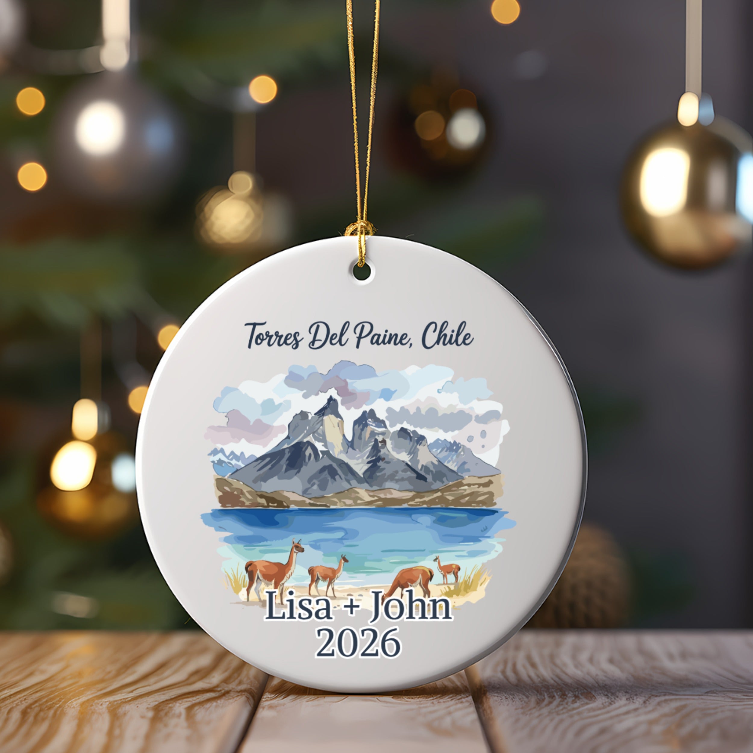 Torres Del Paine, Chile ornament with personalized names and year.