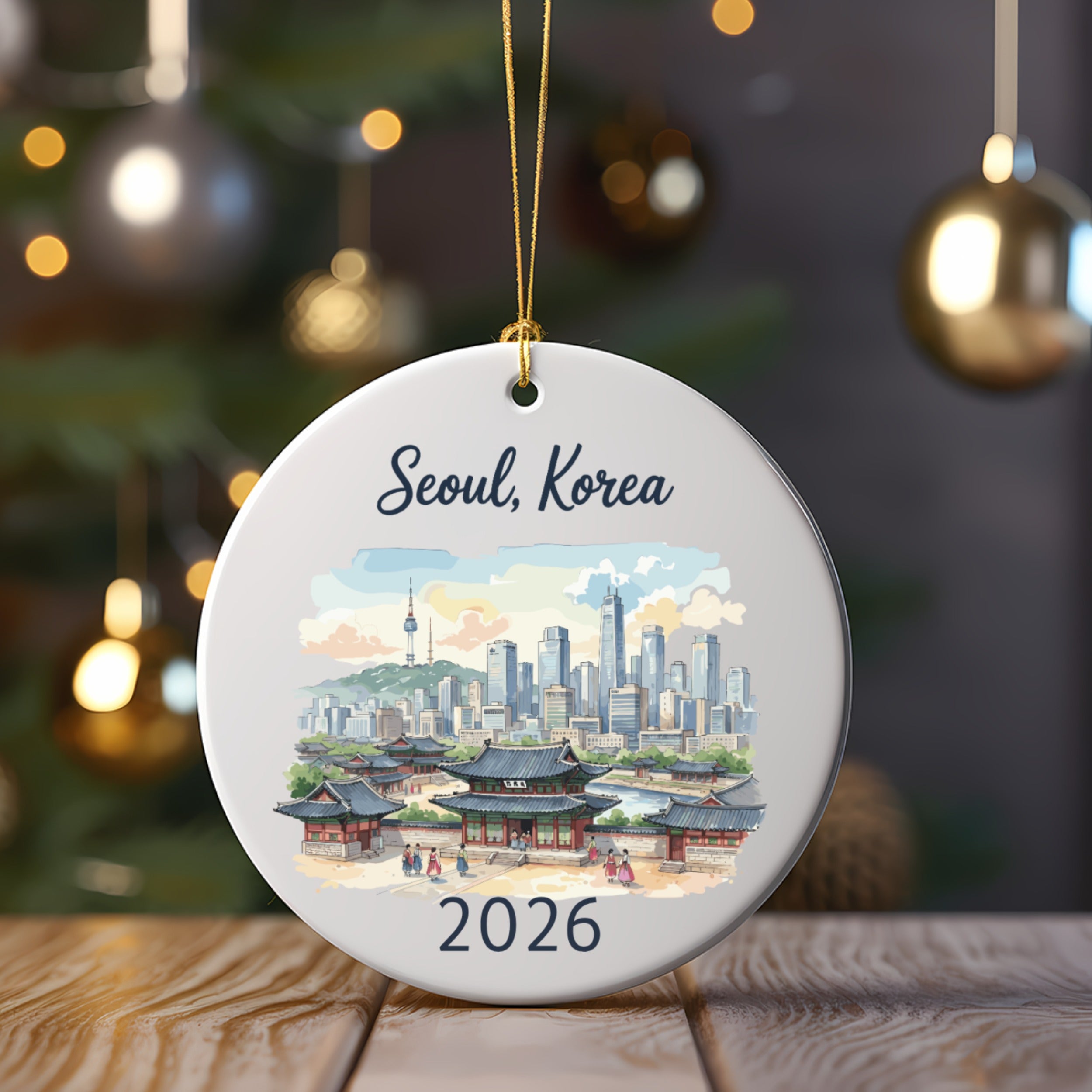 Round ceramic ornament with Seoul, Korea skyline and "2026" date.