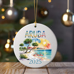 Circular 2025 Aruba ornament with flamingos, beach, and palm trees.