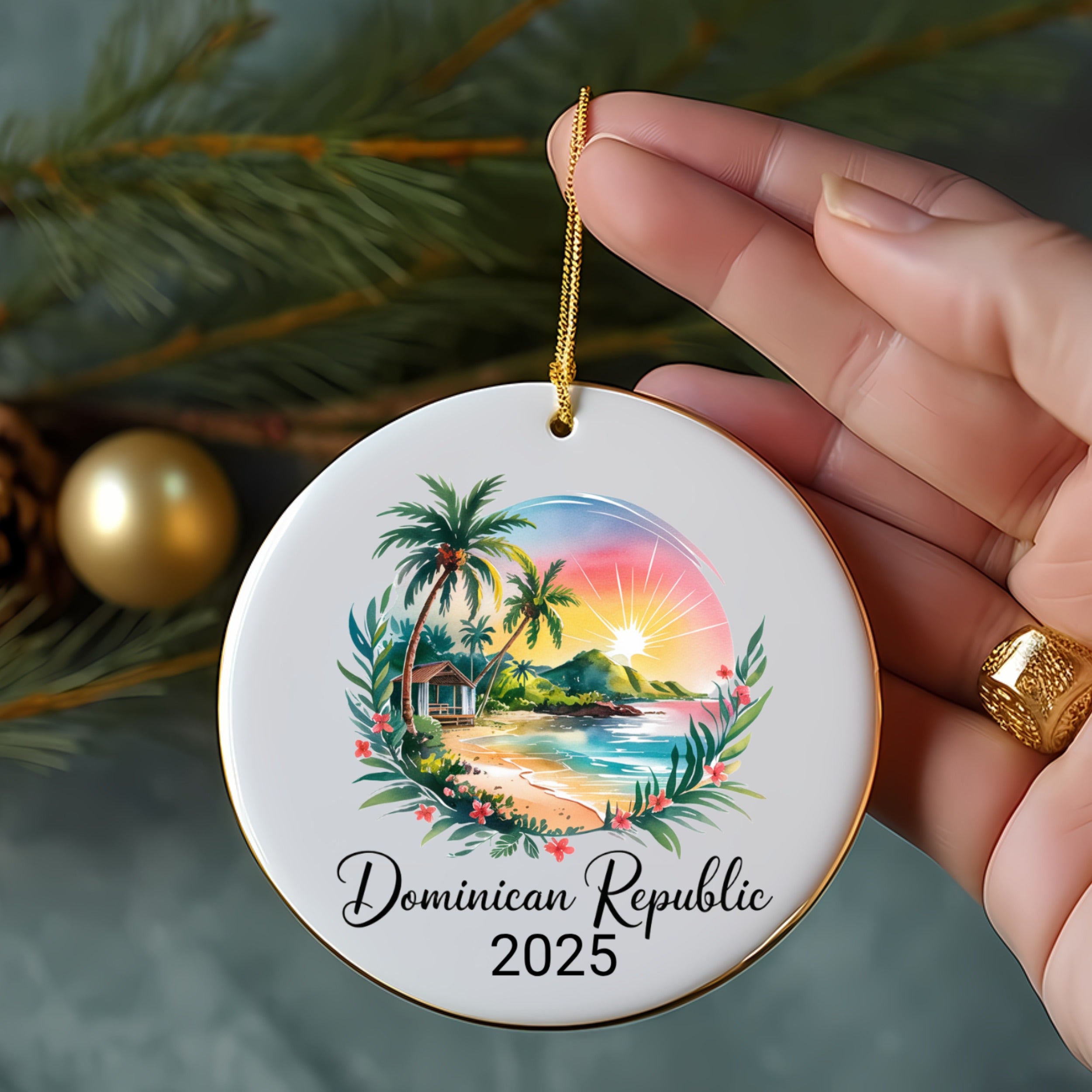 Dominican Republic 2025 ornament with beach scene and sunset.