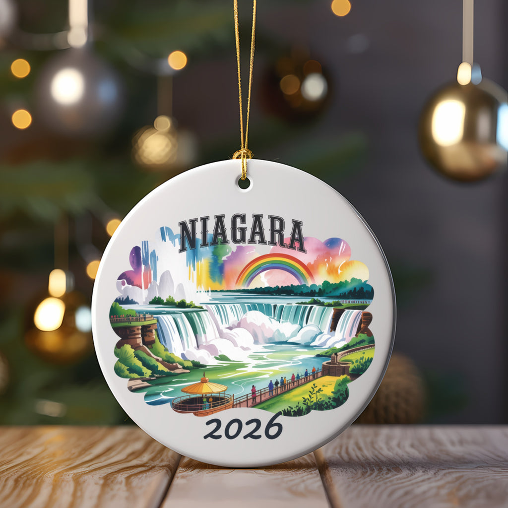 Niagara Falls ornament with rainbow, people, and "2026" date.