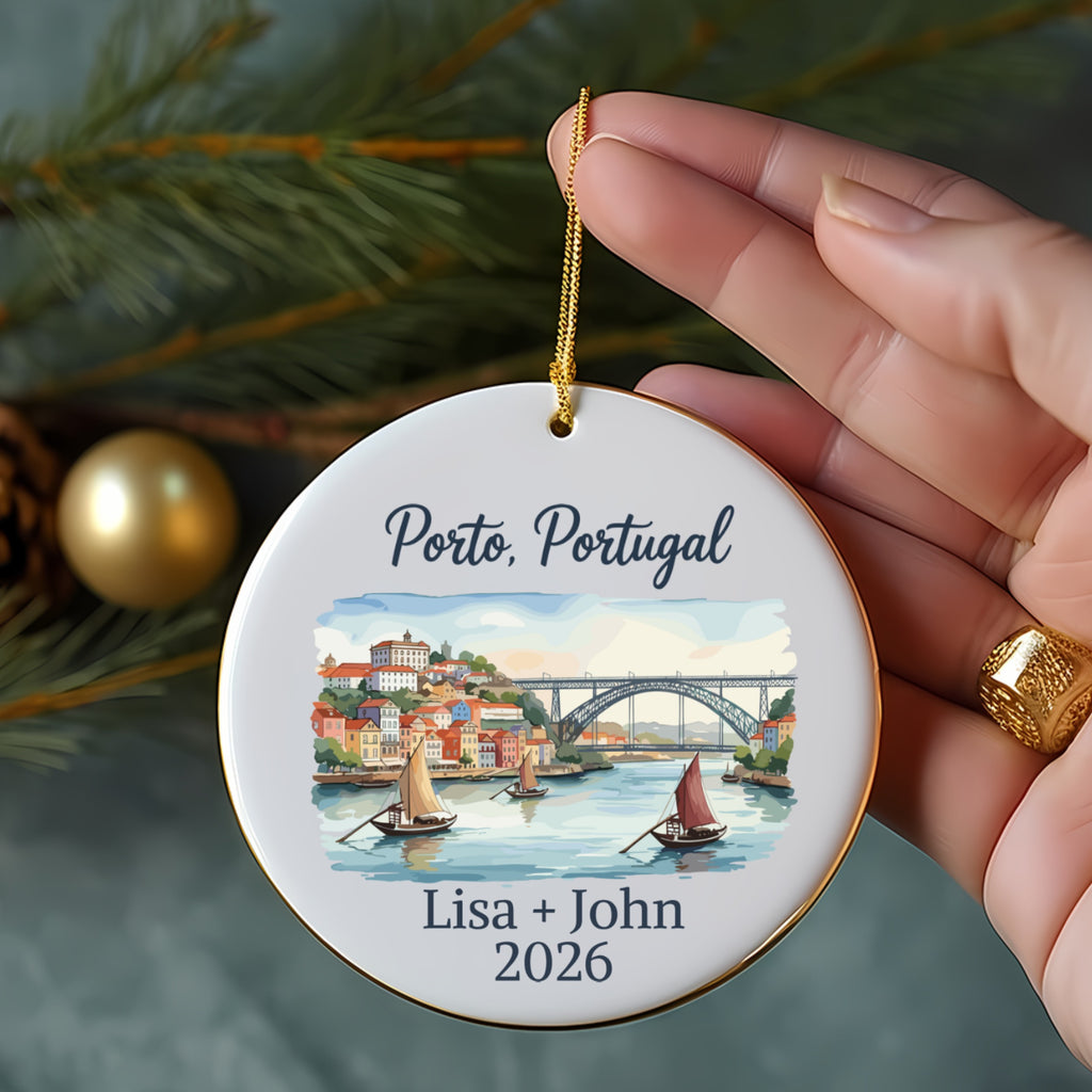 Porto, Portugal ornament with personalized text and harbor scene.