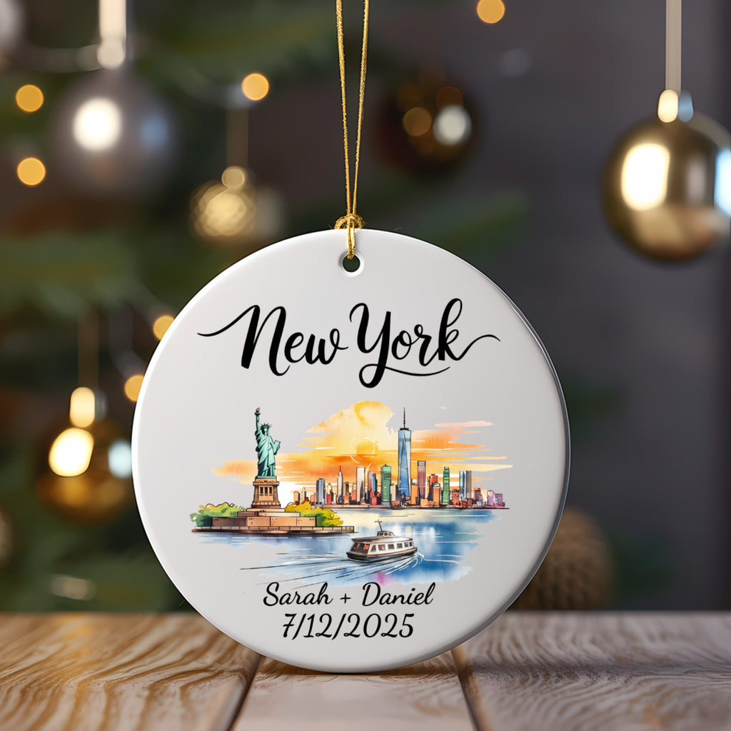 New York ornament with Statue of Liberty, skyline, and personalized text.