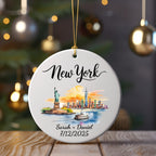 New York ornament with Statue of Liberty, skyline, and personalized text.
