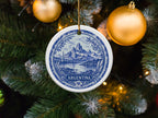 Round ornament with blue and white design of mountains, lake, and city, labeled "ARGENTINA".