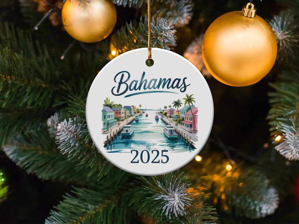 Bahamas 2025 ceramic ornament featuring a canal with boats and palm trees.