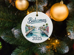Bahamas 2025 ceramic ornament featuring a canal with boats and palm trees.