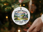 Round ornament with Great Smoky Mountains scene and family trip text.