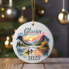 Glacier National Park 2025 ornament featuring a lake, mountains, and kayakers.