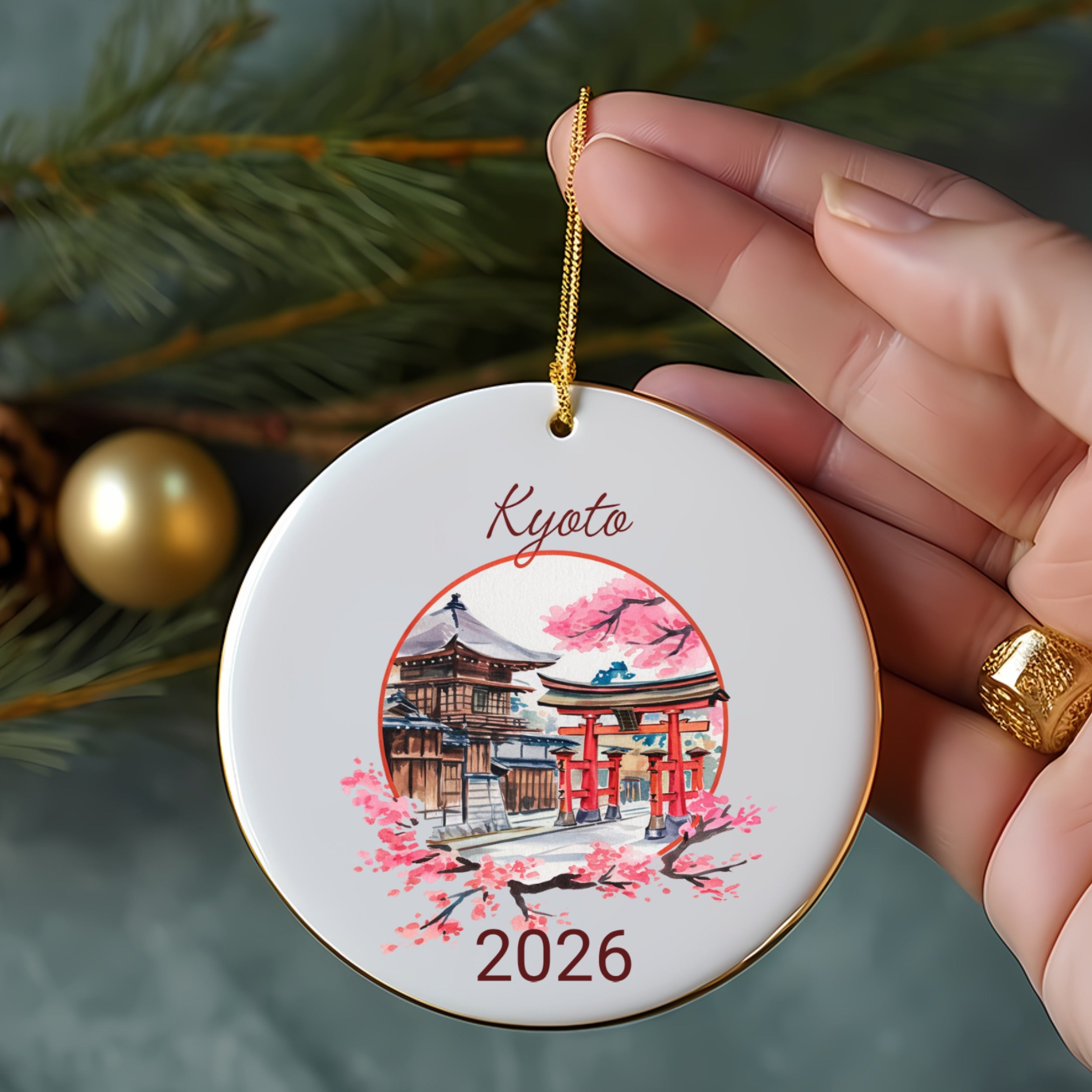 Kyoto ornament with torii gate, pagoda, and cherry blossoms, year 2026.