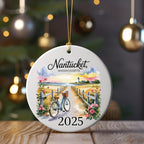 Nantucket 2025 ornament with a bicycle and seaside lighthouse scene.