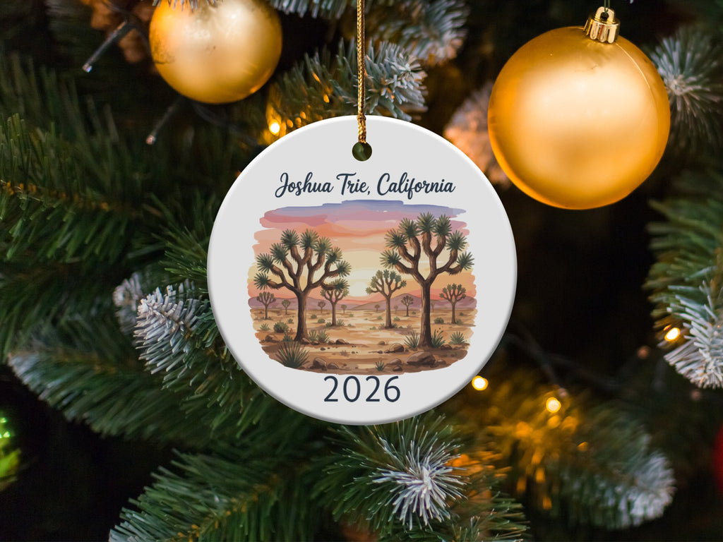Round ornament with Joshua trees and "Joshua Tree, California 2026" text.