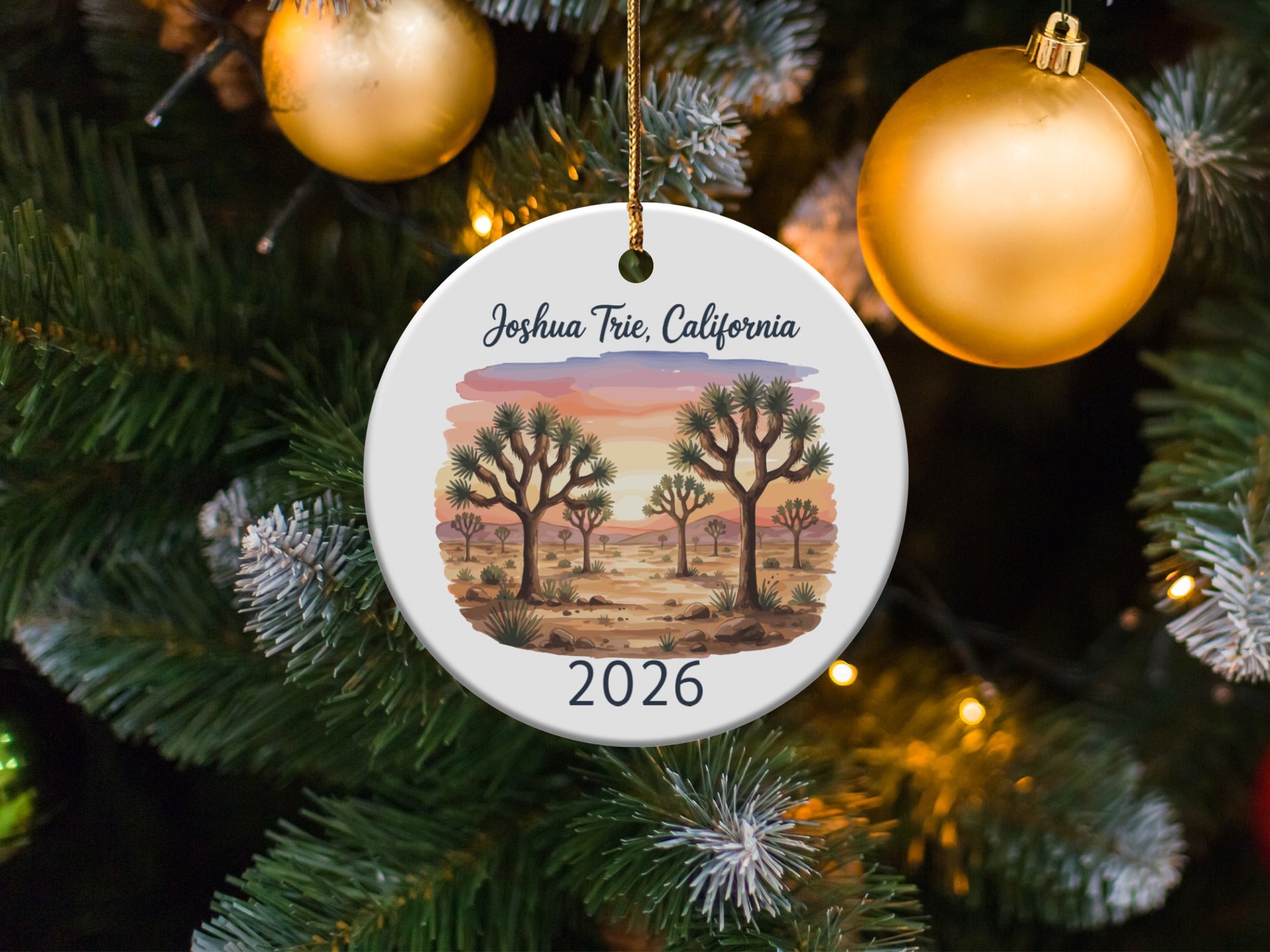 Round ornament with Joshua trees and "Joshua Tree, California 2026" text.