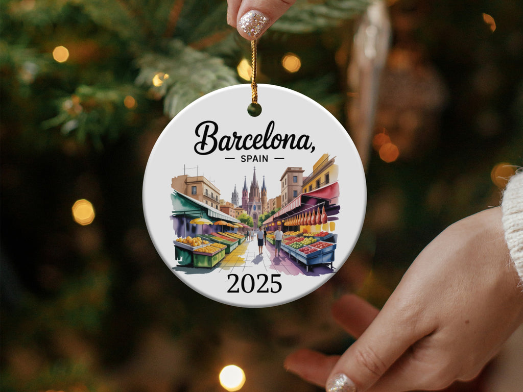 Barcelona, Spain 2025 ceramic ornament with market scene.