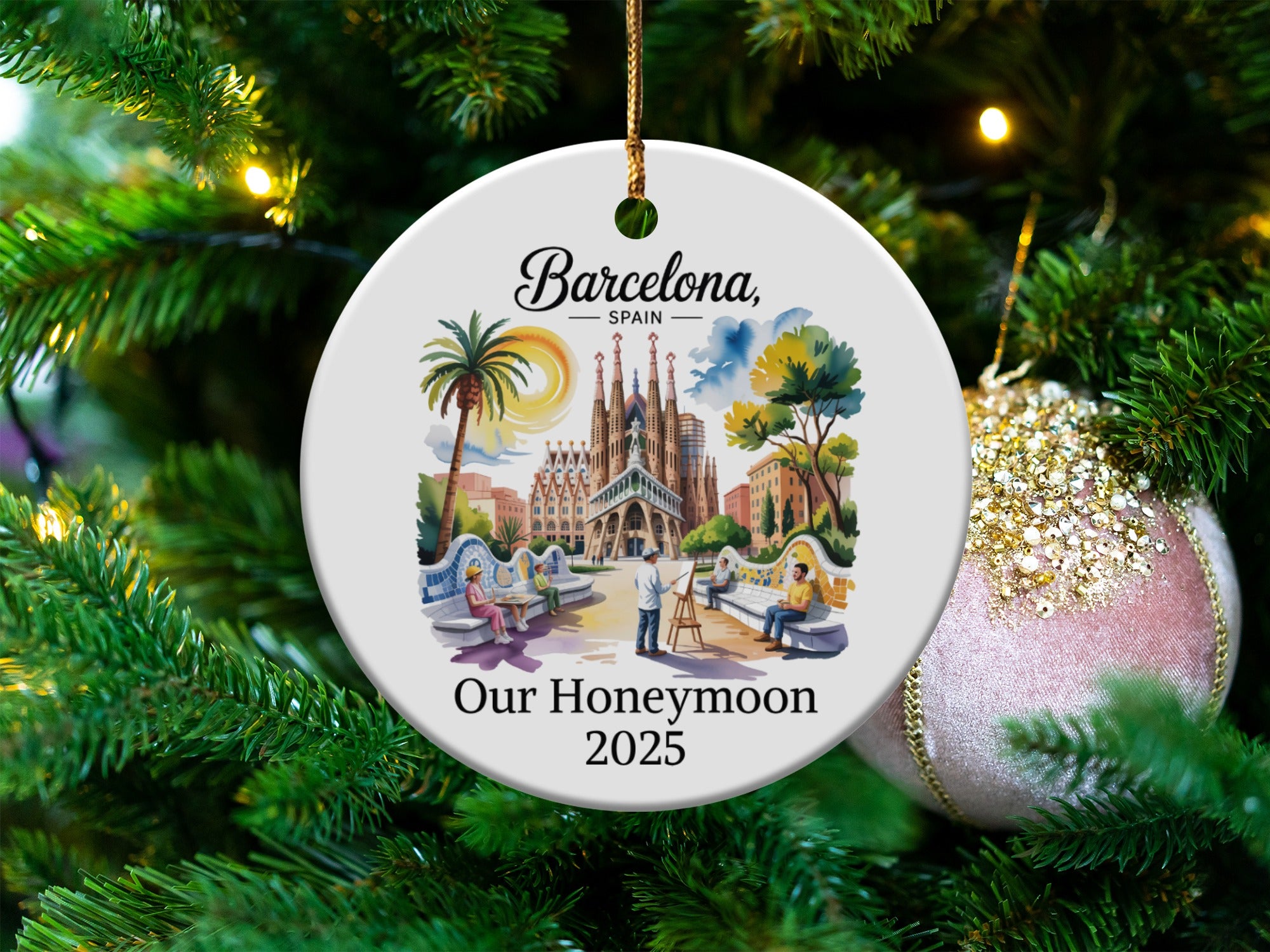 Barcelona, Spain, Our Honeymoon 2025 ornament featuring Sagrada Familia.