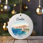 Round ornament with watercolor of Dubrovnik, Croatia and custom names and year.