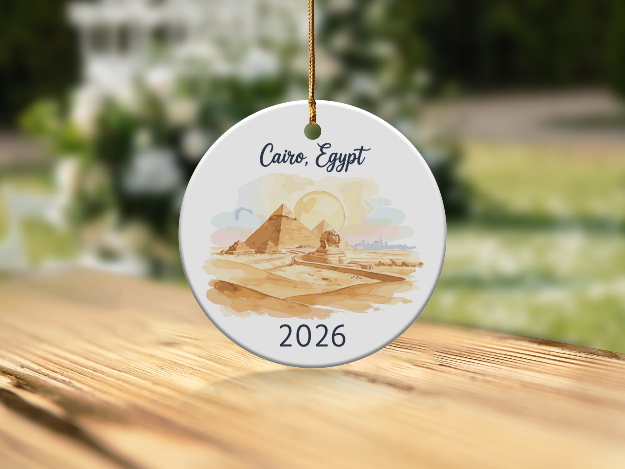 Cairo, Egypt 2026 ceramic ornament featuring the Pyramids and Sphinx.
