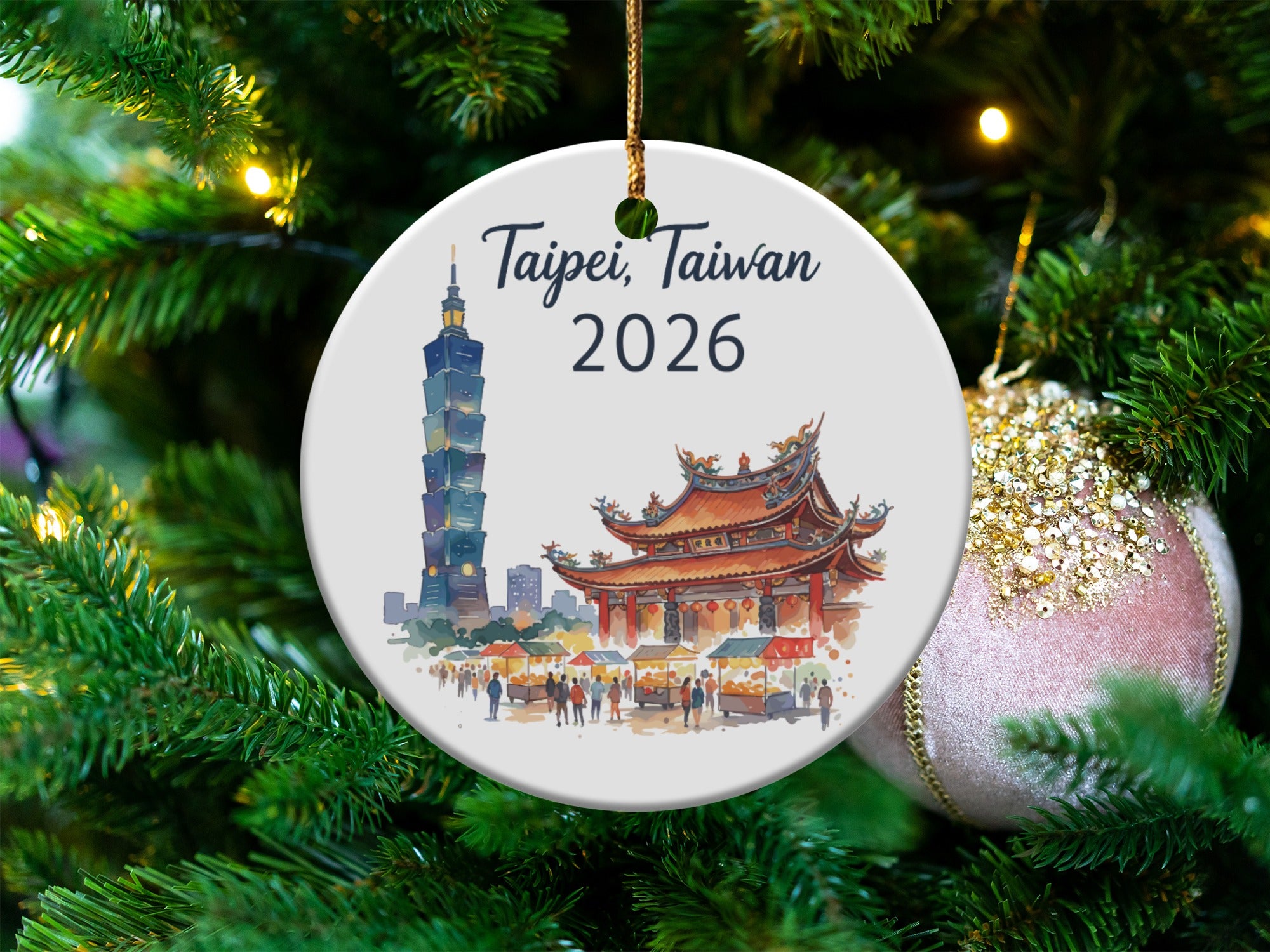 Ceramic ornament showing Taipei 101 in Taiwan with a market scene below.