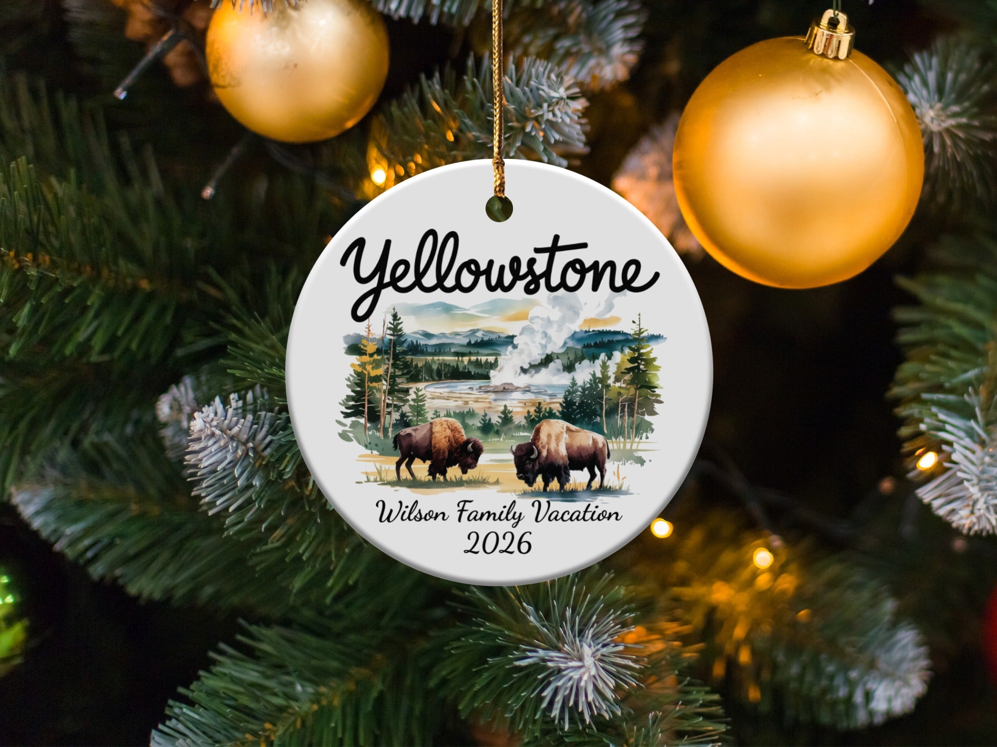 Yellowstone Bison Family Vacation 2026 ceramic ornament on Christmas tree.