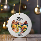 White circular ornament with Zion National Park scene and "2025" text.