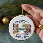Boston cityscape ornament with names and date.