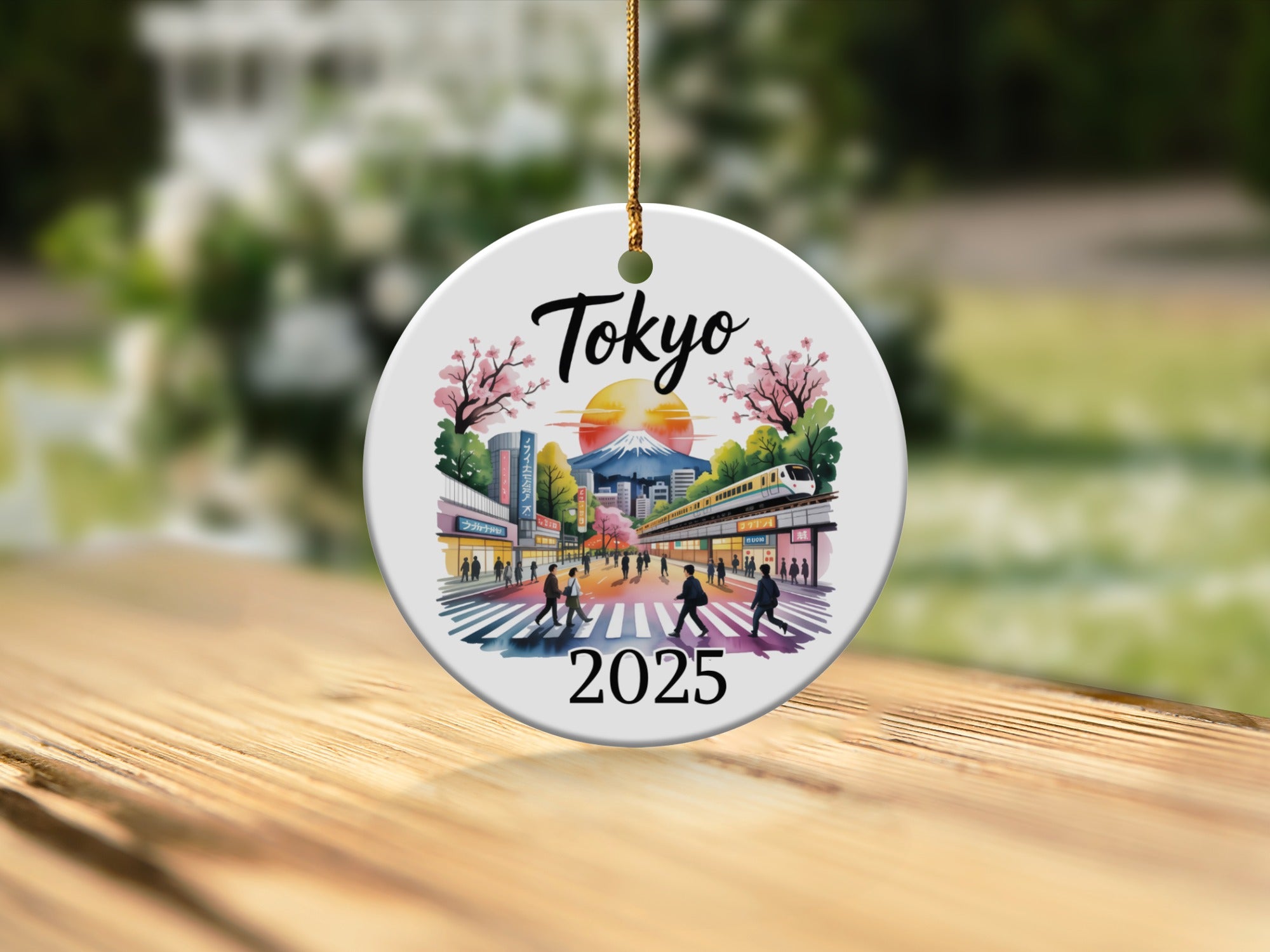 Tokyo 2025 ornament with Mount Fuji, cherry blossoms, and a train.