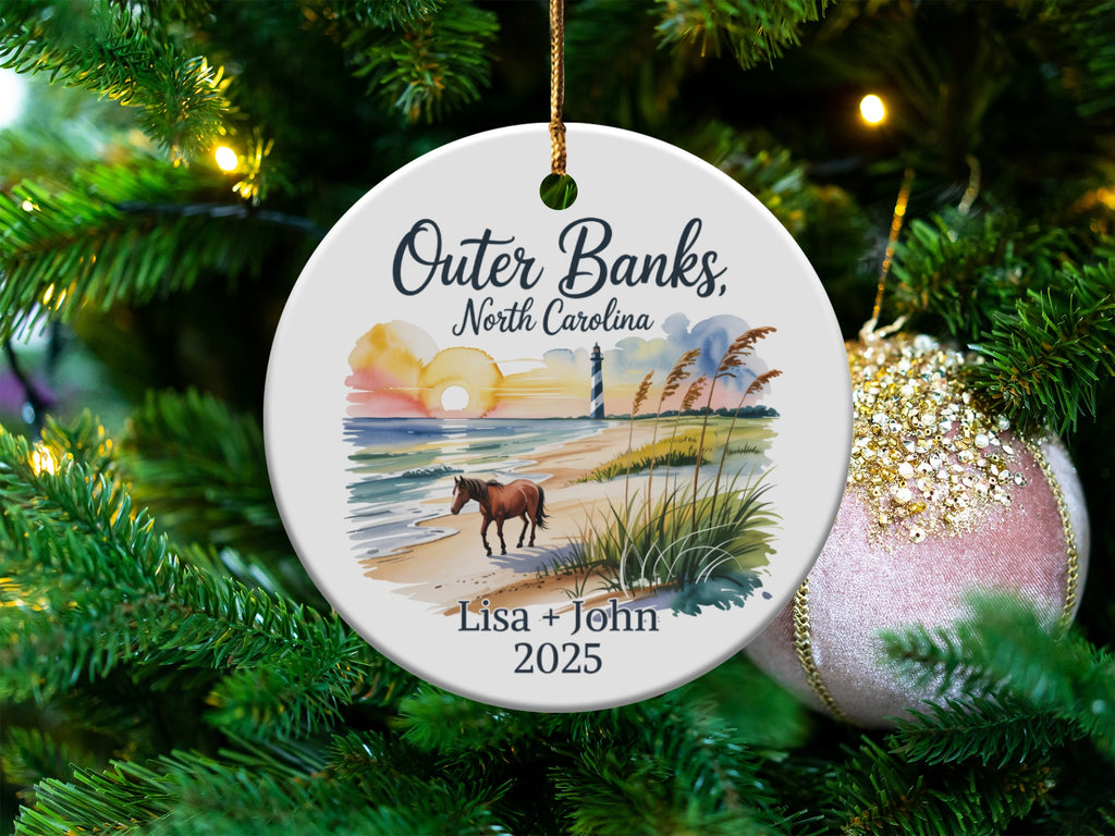 Outer Banks, North Carolina ceramic ornament with horse and lighthouse.