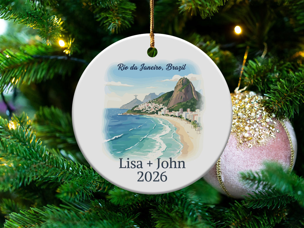 Rio de Janeiro, Brazil ornament with "Lisa + John 2026" text.