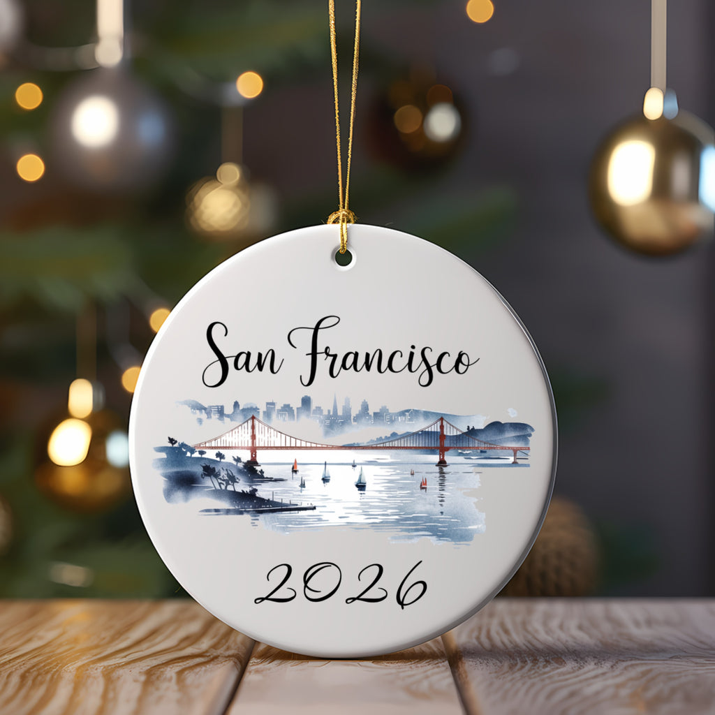 San Francisco ornament with Golden Gate Bridge and boats, year 2026.