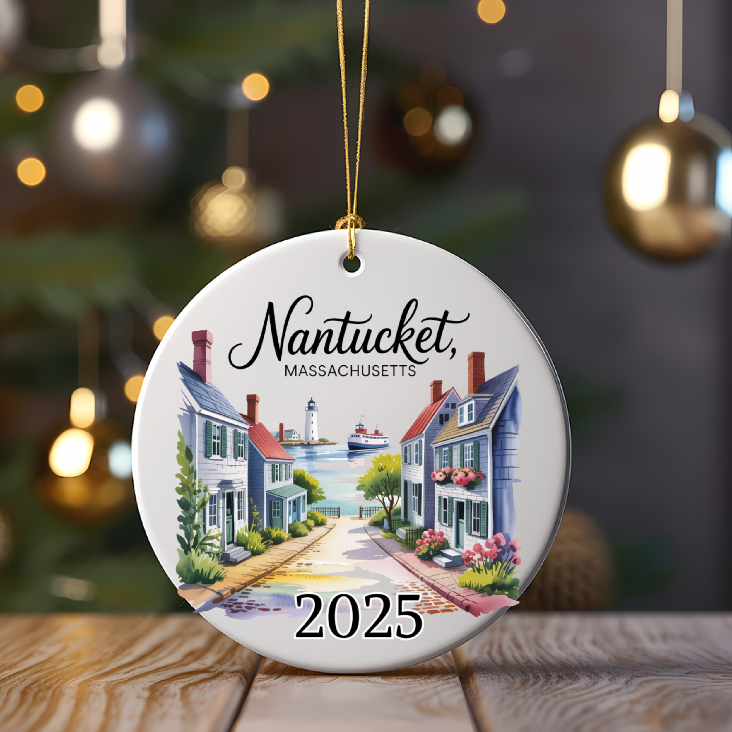 Nantucket Massachusetts 2025 ceramic ornament with watercolor coastal houses.