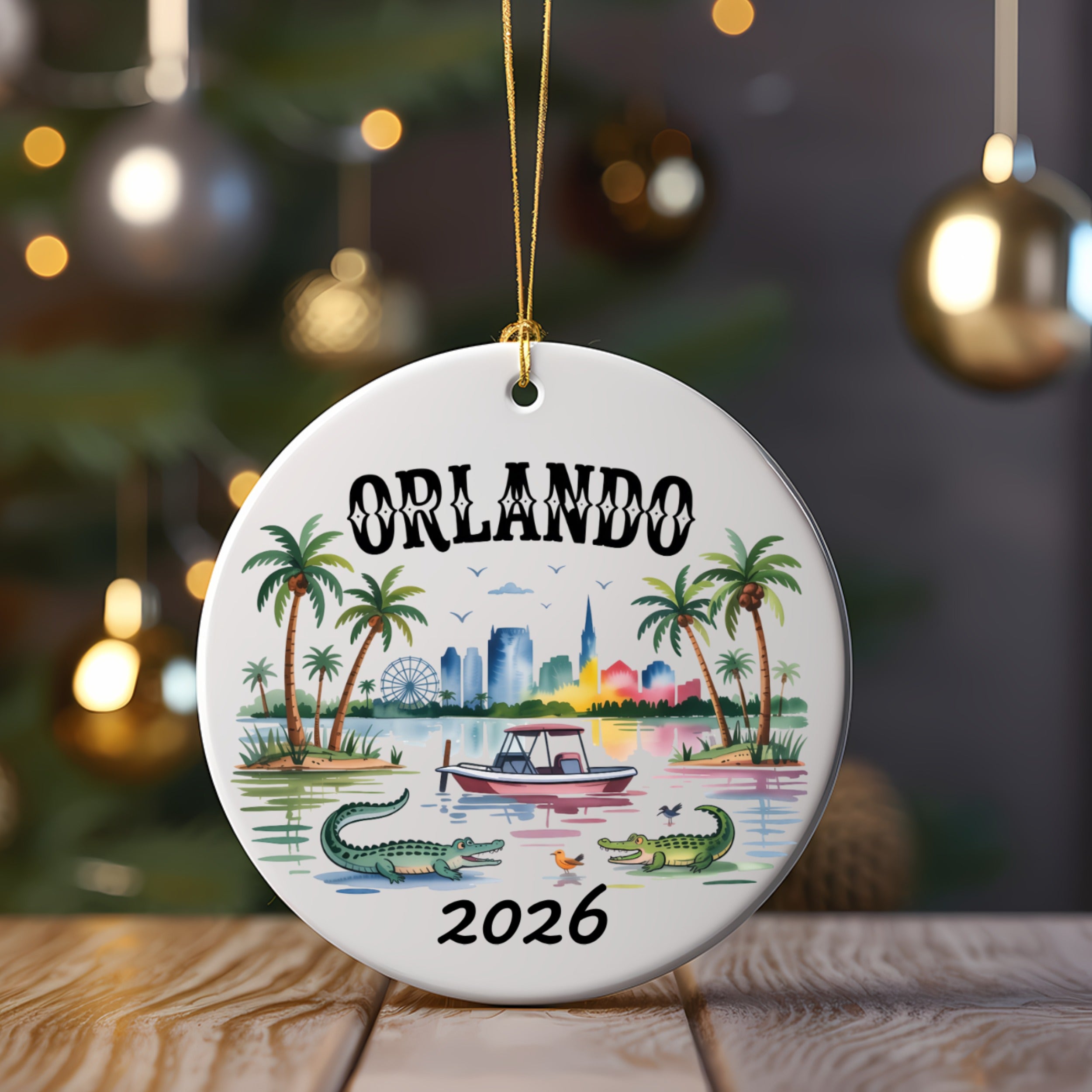 Orlando 2026 ceramic ornament with city skyline, alligators, palm trees, and boat.