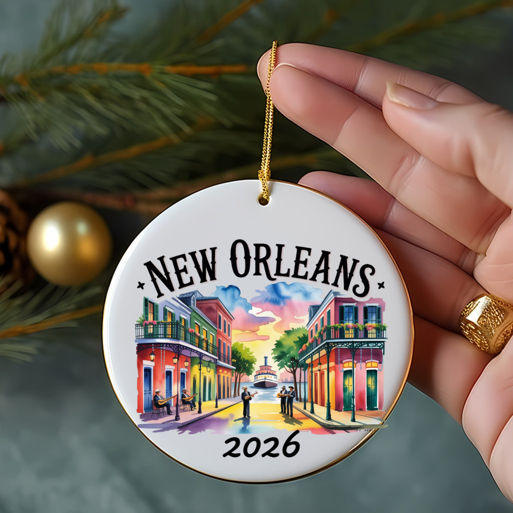 New Orleans 2026 ceramic ornament with colorful buildings and a boat.