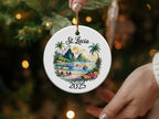Round St. Lucia ornament with tropical beach scene and "2025" below.