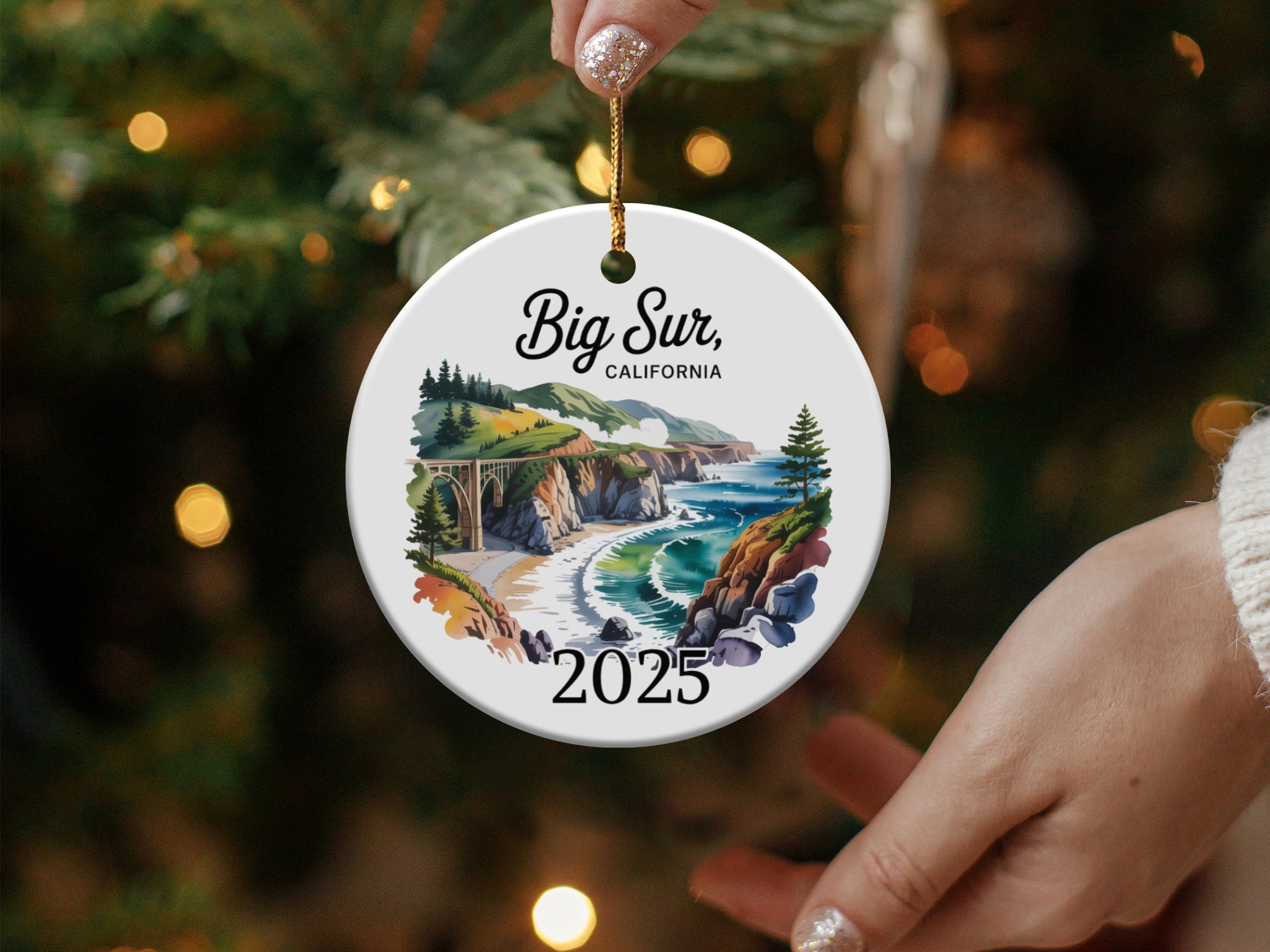 Big Sur, California 2025 ceramic ornament with coastal landscape and a Christmas tree.