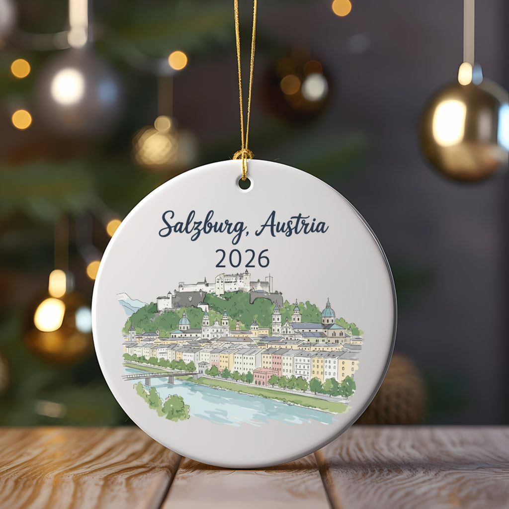 Salzburg, Austria 2026 Christmas ornament featuring a skyline with a castle.