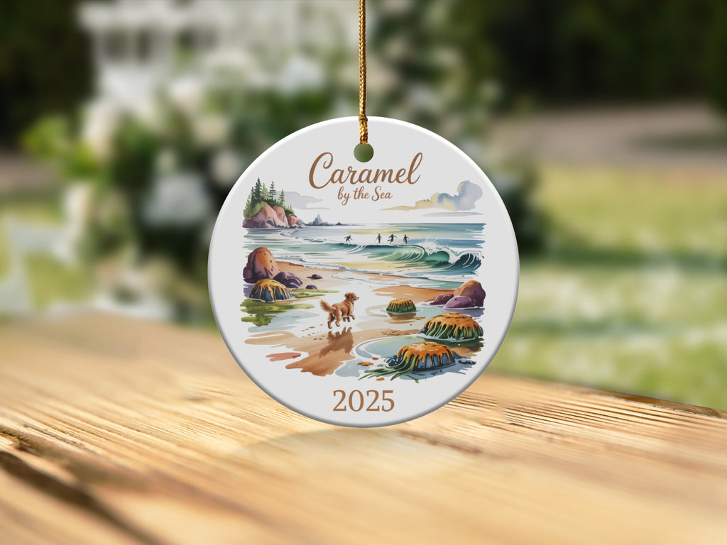 Caramel by the Sea ceramic ornament with beach scene and text "2025".